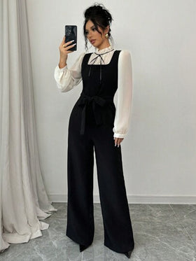 SHEIN PETITE طقم بدلة نسائية أنيقة وملائمة بلونين متباينين وخصر عالي، مع قميص قطعتان