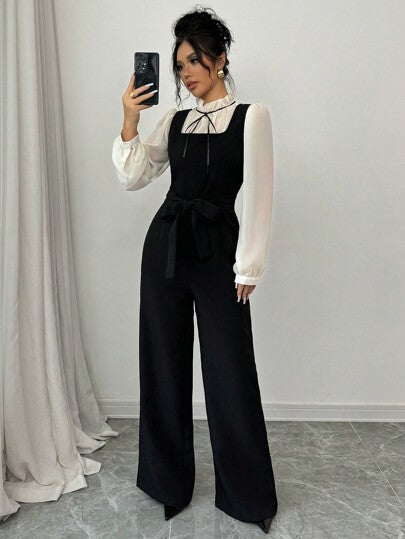 SHEIN PETITE طقم بدلة نسائية أنيقة وملائمة بلونين متباينين وخصر عالي، مع قميص قطعتان