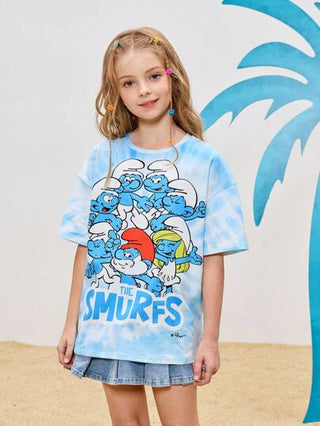 ملابس بناتي X The Smurfs تي شيرت كم قصير تي شيرت بطباعة كرتونية بنمط الربط والصبغ للبنات المراهقات باللون الأزرق