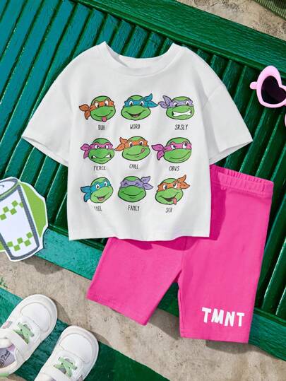 TEENAGE MUTANT NINJA TURTLES X SHEIN تي شيرت أبيض بأكمام قصيرة ذات رسومات سلحفاة وشورتات جميلة للبنات الصغار عادية