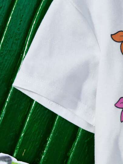 TEENAGE MUTANT NINJA TURTLES X SHEIN تي شيرت أبيض بأكمام قصيرة ذات رسومات سلحفاة وشورتات جميلة للبنات الصغار عادية