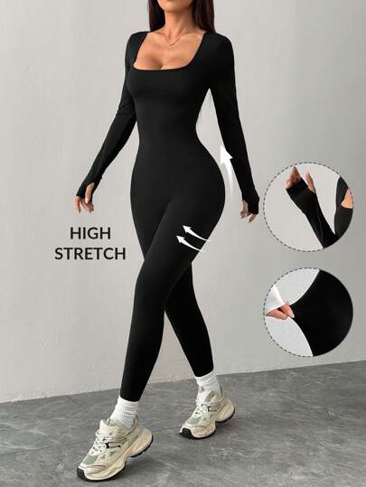 SHEIN PETITE بدلة رياضية سبور ت أسود محبوك ضيقة الياقة المربعة للرياضة واليوجا