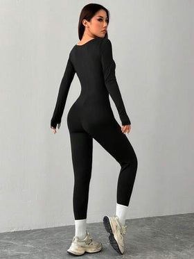 SHEIN PETITE بدلة رياضية سبور ت أسود محبوك ضيقة الياقة المربعة للرياضة واليوجا