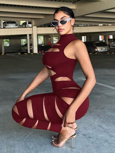 SHEIN SXY جمبسوت أسود بفتحات للنساء بياقة طاقم بلا أكمام