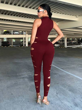 SHEIN SXY جمبسوت أسود بفتحات للنساء بياقة طاقم بلا أكمام
