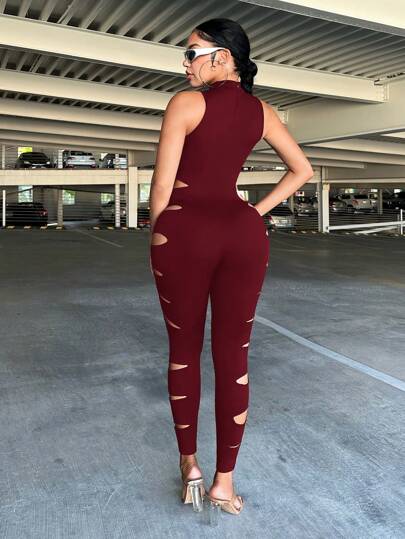 SHEIN SXY جمبسوت أسود بفتحات للنساء بياقة طاقم بلا أكمام