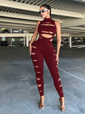 SHEIN SXY جمبسوت أسود بفتحات للنساء بياقة طاقم بلا أكمام
