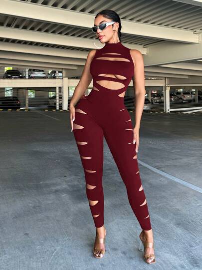 SHEIN SXY جمبسوت أسود بفتحات للنساء بياقة طاقم بلا أكمام