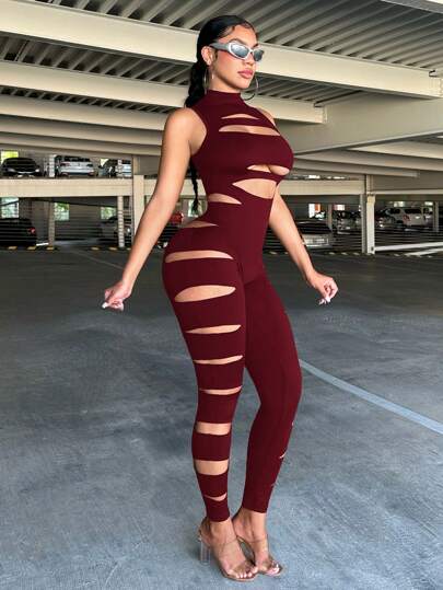 SHEIN SXY جمبسوت أسود بفتحات للنساء بياقة طاقم بلا أكمام