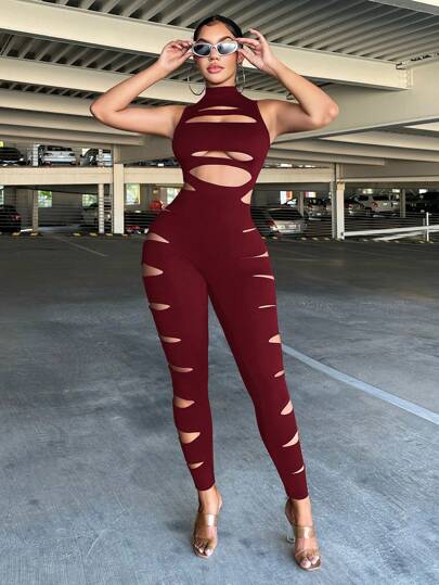 SHEIN SXY جمبسوت أسود بفتحات للنساء بياقة طاقم بلا أكمام