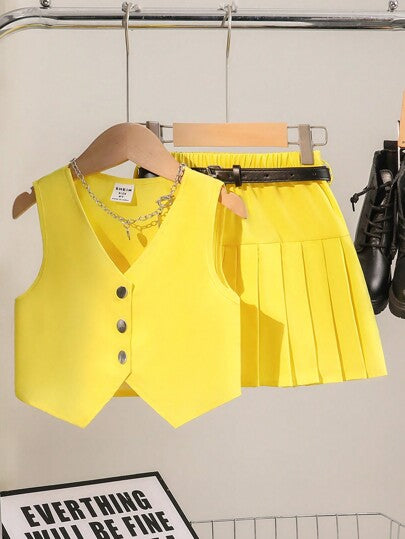 SHEIN Elladie kids طقم للبنات الصغيرات: ملابس علوية كاجوال بياقة مزرّرة وتنورة أ-لاين منفرطة