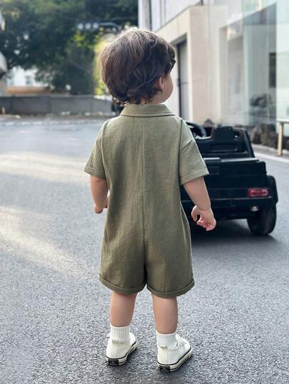 SHEIN Leap Crew الرضيع الحديث الولادة الصبي المريح على الطريقة الكورية لون أخضر جيش بأكمام قصيرة لفصل الصيف