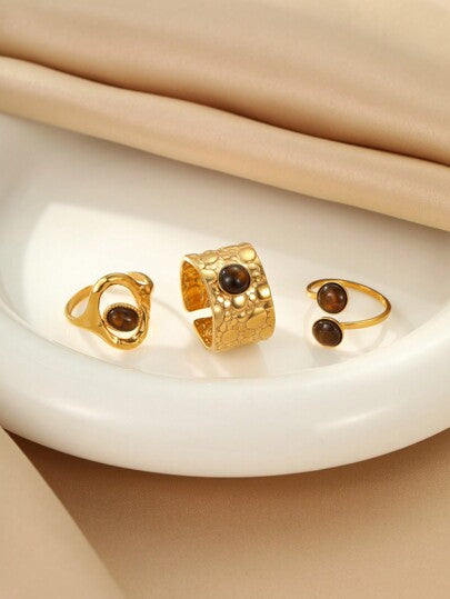 3 قطع/مجموعة خواتم نسائية من الفولاذ المقاوم للصدأ ذات تصميم أنيق باللون الذهبي والبني، مناسبة للاستخدام اليومي أو كهدية