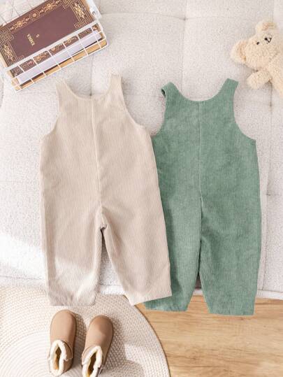 SHEIN مجموعة بناطيل وجمبسوت كاجوال فضفاضة مع جيوب كبيرة وطبعة دب لأطفال الرضع، مناسبة للبيت والخروج، 2 قطعة لصبي وبنت