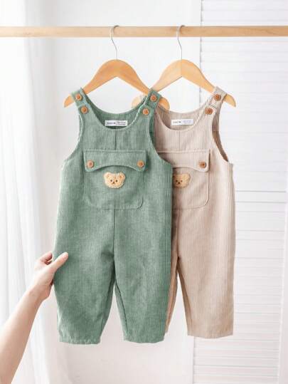 SHEIN مجموعة بناطيل وجمبسوت كاجوال فضفاضة مع جيوب كبيرة وطبعة دب لأطفال الرضع، مناسبة للبيت والخروج، 2 قطعة لصبي وبنت