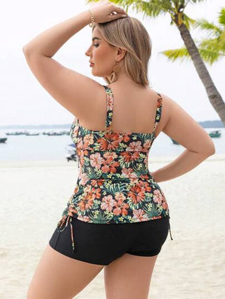 Swim Lushoire مجموعة بكيني ذات قطعتين من النساء ذوات الحجم الكبير، بطباعة الزهور الاستوائية، بطواق ربطة الخصر و V الرقبة، أنيقة وكاجوال للصيف