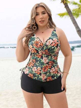 Swim Lushoire مجموعة بكيني ذات قطعتين من النساء ذوات الحجم الكبير، بطباعة الزهور الاستوائية، بطواق ربطة الخصر و V الرقبة، أنيقة وكاجوال للصيف