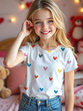 تيشيرتات بناتي تي شيرت تي شيرت صيفي قصير الأكمام بتصميم محدث وأنيق، بطبعات قلوب ملونة مرسومة باليد، مناسب للفتيات المراهقات
