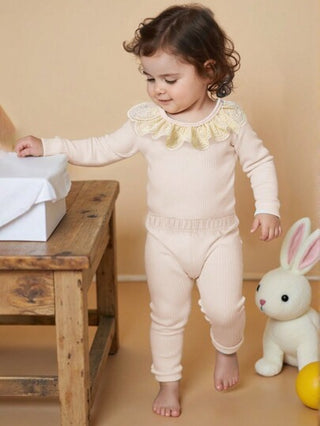 طقم بنطلون وبلوزة كاجوال ناعمة مع ياقة مستديرة وأكمام طويلة للرضع البنات، مناسب للأنشطة الداخلية والخارجية في فصلي الربيع والخريف، قطعتان