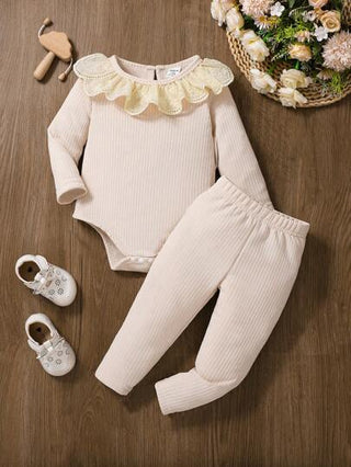 طقم بنطلون وبلوزة كاجوال ناعمة مع ياقة مستديرة وأكمام طويلة للرضع البنات، مناسب للأنشطة الداخلية والخارجية في فصلي الربيع والخريف، قطعتان