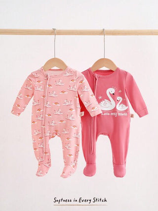 Cozy Pixies مجموعة بنطلون وبادي طويل الأكمام برقبة دائرية من القطن المحبوك مع رسومات البجع لفتيات الرضع 2 قطعة