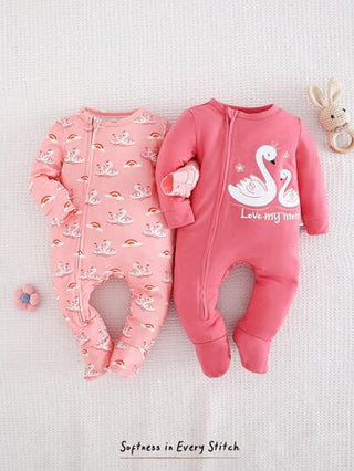 Cozy Pixies مجموعة بنطلون وبادي طويل الأكمام برقبة دائرية من القطن المحبوك مع رسومات البجع لفتيات الرضع 2 قطعة