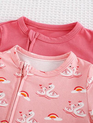 Cozy Pixies مجموعة بنطلون وبادي طويل الأكمام برقبة دائرية من القطن المحبوك مع رسومات البجع لفتيات الرضع 2 قطعة