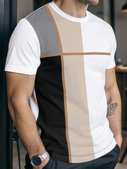 Manfinity Homme تي شيرت كاجوال قصير الأكمام بياقة مستديرة وكتل لوني للرجال أبيض