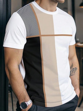 Manfinity Homme تي شيرت كاجوال قصير الأكمام بياقة مستديرة وكتل لوني للرجال أبيض