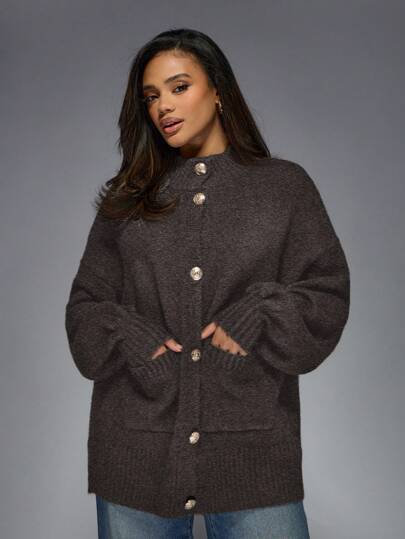 MISSGUIDED كارديجان علوي برقبة مرتفعة فاخر محبوك مع أزرار وأكسسوارات ذهبية من المصمم، أكمام بالون ،كنزة صوفية شتوية دافئة كبيرة الحجم، موضة ملابس خارجية