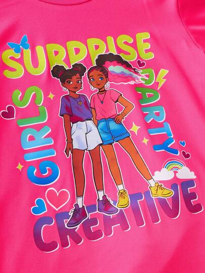 girls-sets مجموعة كاجوال ملابس علوية كارتون أكمام قصيرة وشورت لون سادة للفتيات المراهقات، بتصميم بسيط