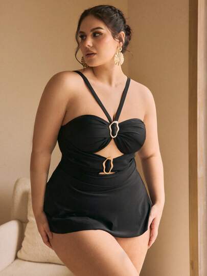 Swim Chiccia بكيني سباحة كبير الحجم ملابس علوية معدنية ذات حزام قابل للضبط وتفاصيل ظهر للاستخدام على الشاطئ