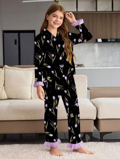 بيجاما طقم ملابس منزلية تي شيرت طويل الأكمام وبنطلون طويل بطبعة الطرطيع، مصمم بسيط، لون أرجواني، قطعتين للبنات المراهقات