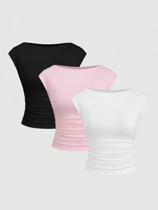 Sweetra طقم نسائي مكون من 3 قطع تي شيرت T-shirt قصير الأكمام ملائم وذو تهوية جيدة وامتصاص للعرق، بتصميم مفتوح الظهر بطريقة إغراء