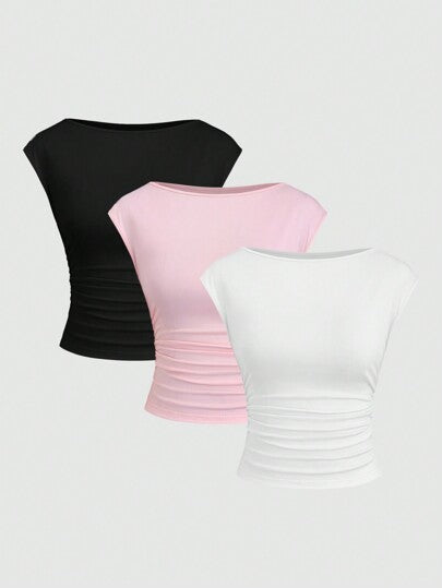 Sweetra طقم نسائي مكون من 3 قطع تي شيرت T-shirt قصير الأكمام ملائم وذو تهوية جيدة وامتصاص للعرق، بتصميم مفتوح الظهر بطريقة إغراء