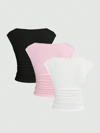 Sweetra طقم نسائي مكون من 3 قطع تي شيرت T-shirt قصير الأكمام ملائم وذو تهوية جيدة وامتصاص للعرق، بتصميم مفتوح الظهر بطريقة إغراء