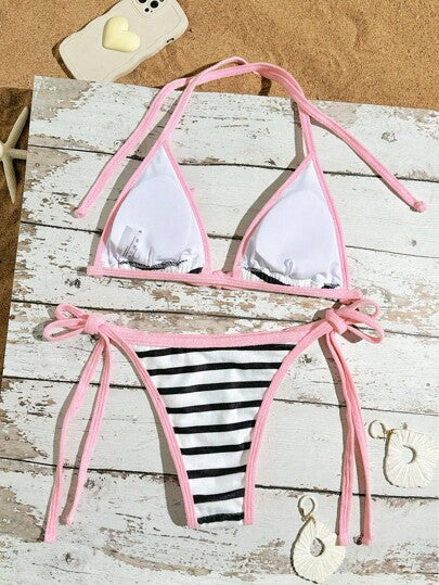 Swim Mod طقم بكيني صيفي للنساء مكون من ملابس علوية ذو خصر عالٍ مع رابطة أمامية ومثلث وطبعات متعددة وسفلي برباطات جانبية