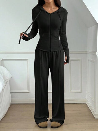EZwear بدلة أسود مكونة من بلوفر بسوستة وبنطلون طويل ، تصميم لون أحادي ملائم عادي لليوم اليومي