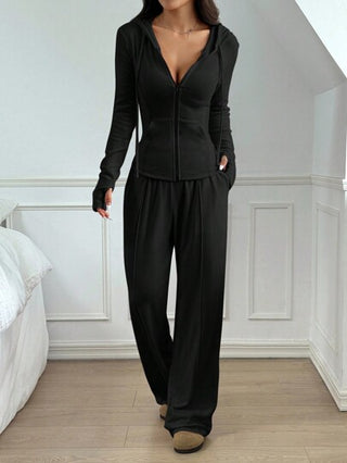 EZwear بدلة أسود مكونة من بلوفر بسوستة وبنطلون طويل ، تصميم لون أحادي ملائم عادي لليوم اليومي