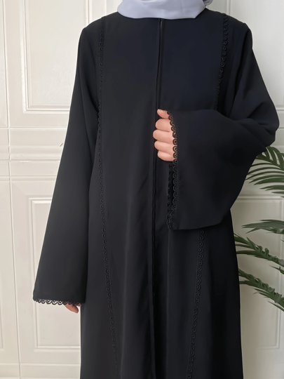 عباية طراز تركي/أنيقة بلون سادة مزينة بالدانتيل وسحاب للنساء ، محتشمة
