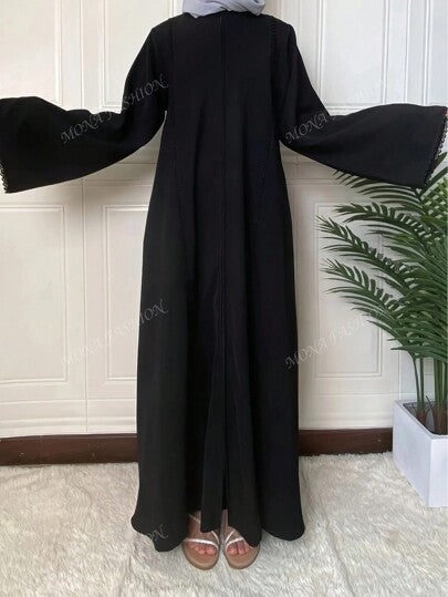 عباية طراز تركي/أنيقة بلون سادة مزينة بالدانتيل وسحاب للنساء ، محتشمة