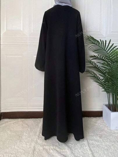 عباية طراز تركي/أنيقة بلون سادة مزينة بالدانتيل وسحاب للنساء ، محتشمة