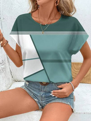 EMERY ROSE بلوزة نسائية بأكمام قصيرة رقبة دائرية هندسية تجميع بسيط كاجوال، مناسبة للصيف