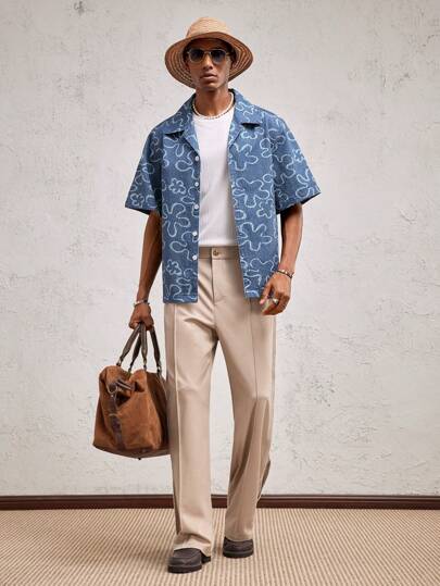 AKNOTIC Business Casual ملابس علوية كاجوال مطبوع بنقشة زهرية ذو القصة الفضفاضة للرجال، مناسب للاستخدام اليومي والإجازات، مناسب للربيع/الصيف