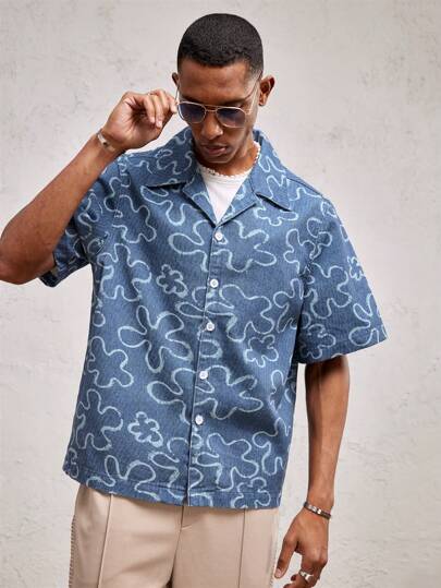 AKNOTIC Business Casual ملابس علوية كاجوال مطبوع بنقشة زهرية ذو القصة الفضفاضة للرجال، مناسب للاستخدام اليومي والإجازات، مناسب للربيع/الصيف