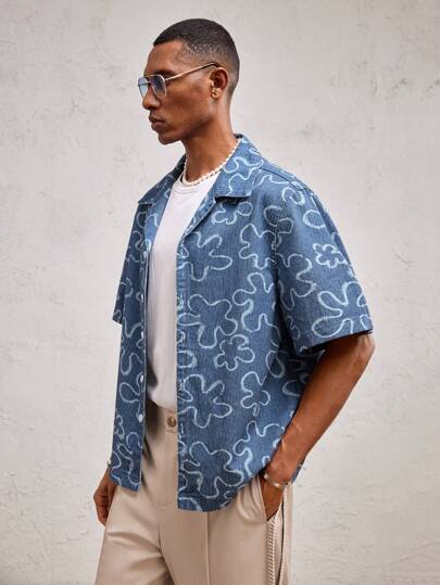 AKNOTIC Business Casual ملابس علوية كاجوال مطبوع بنقشة زهرية ذو القصة الفضفاضة للرجال، مناسب للاستخدام اليومي والإجازات، مناسب للربيع/الصيف