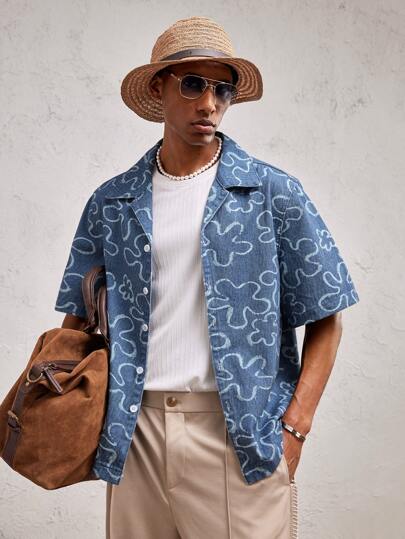 AKNOTIC Business Casual ملابس علوية كاجوال مطبوع بنقشة زهرية ذو القصة الفضفاضة للرجال، مناسب للاستخدام اليومي والإجازات، مناسب للربيع/الصيف