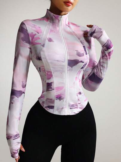 SHEIN Sovereign Charm جاكيت بسحاب ضيقة التصميم, لون واحد تصميم بسيط للملابس الرياضية اليومية