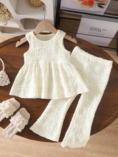 SHEIN Vintaside Kids طقم فستان بخطوط كروشيه للأطفال الرضع، موضة صيفية