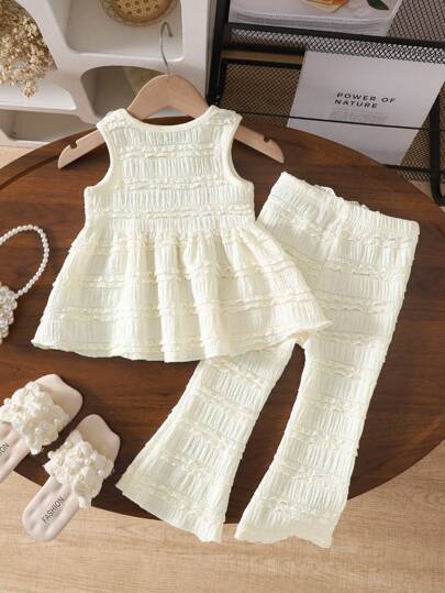 SHEIN Vintaside Kids طقم فستان بخطوط كروشيه للأطفال الرضع، موضة صيفية